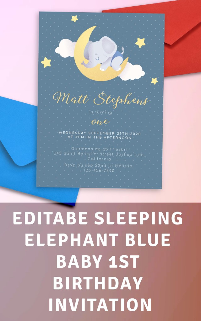 Get Sleeping Elephant Blue Baby 1st Birthday Invitation