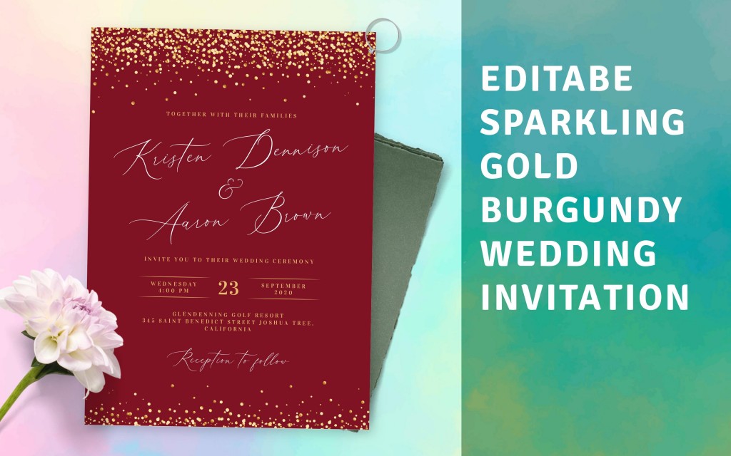 Custom Sparkling Gold Burgundy Wedding Invitation