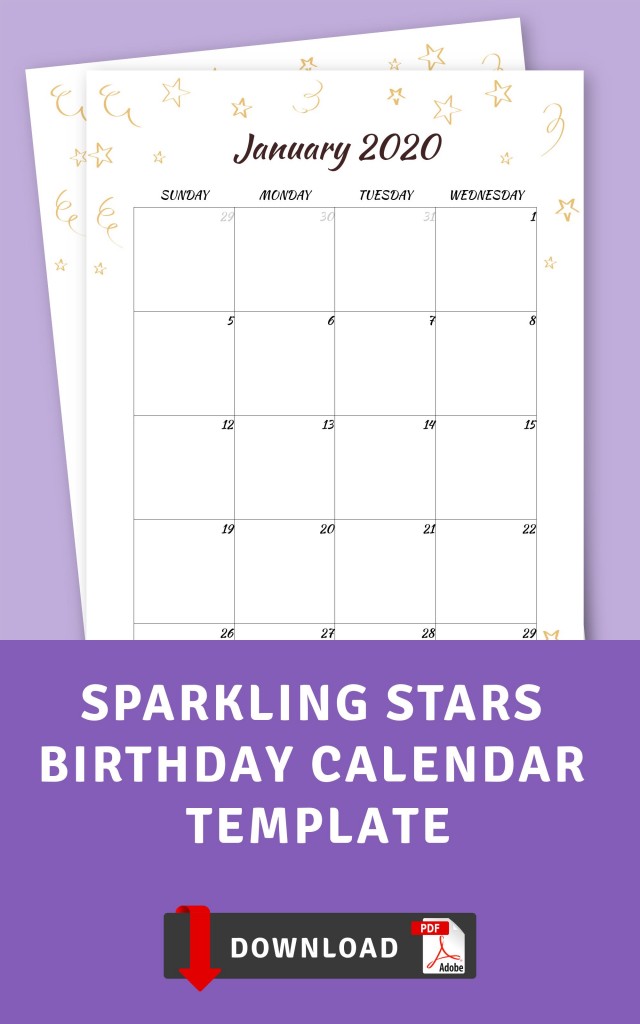 sparkling stars birthday calendar template printable pdf