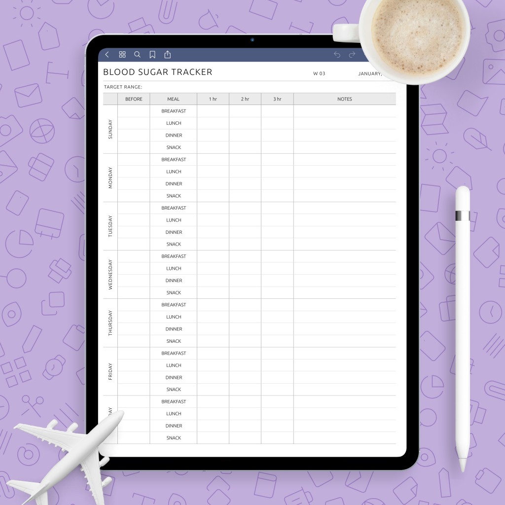 Sugar in Blood Tracker Template Template - Printable PDF