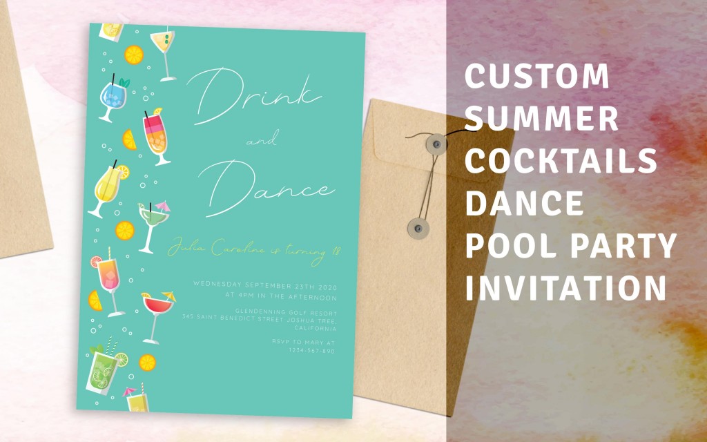 Custom Summer Cocktails Dance Pool Party Invitation