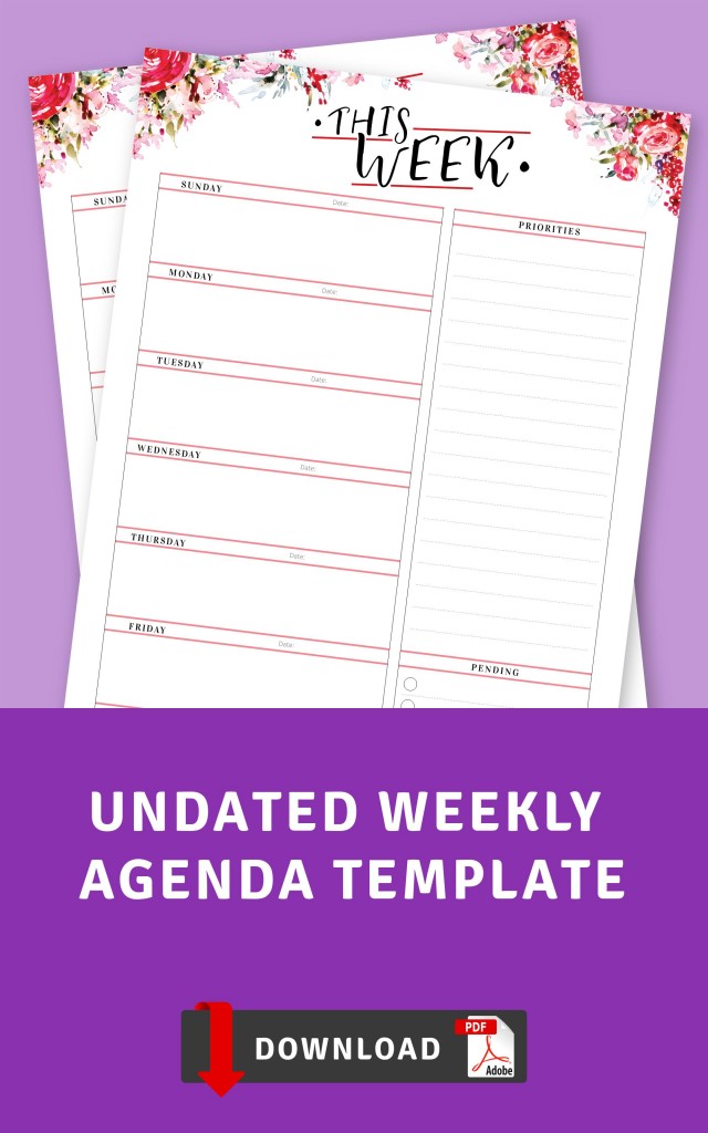 Undated Weekly Agenda Template - Printable PDF