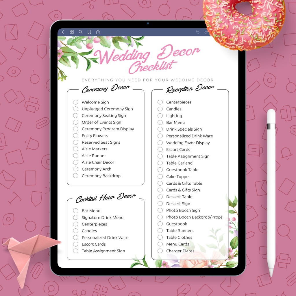 Wedding Decor Checklist Template - Printable PDF