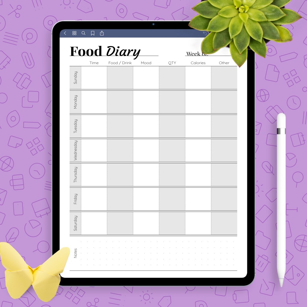 Weekly Food Diary Template - Printable PDF