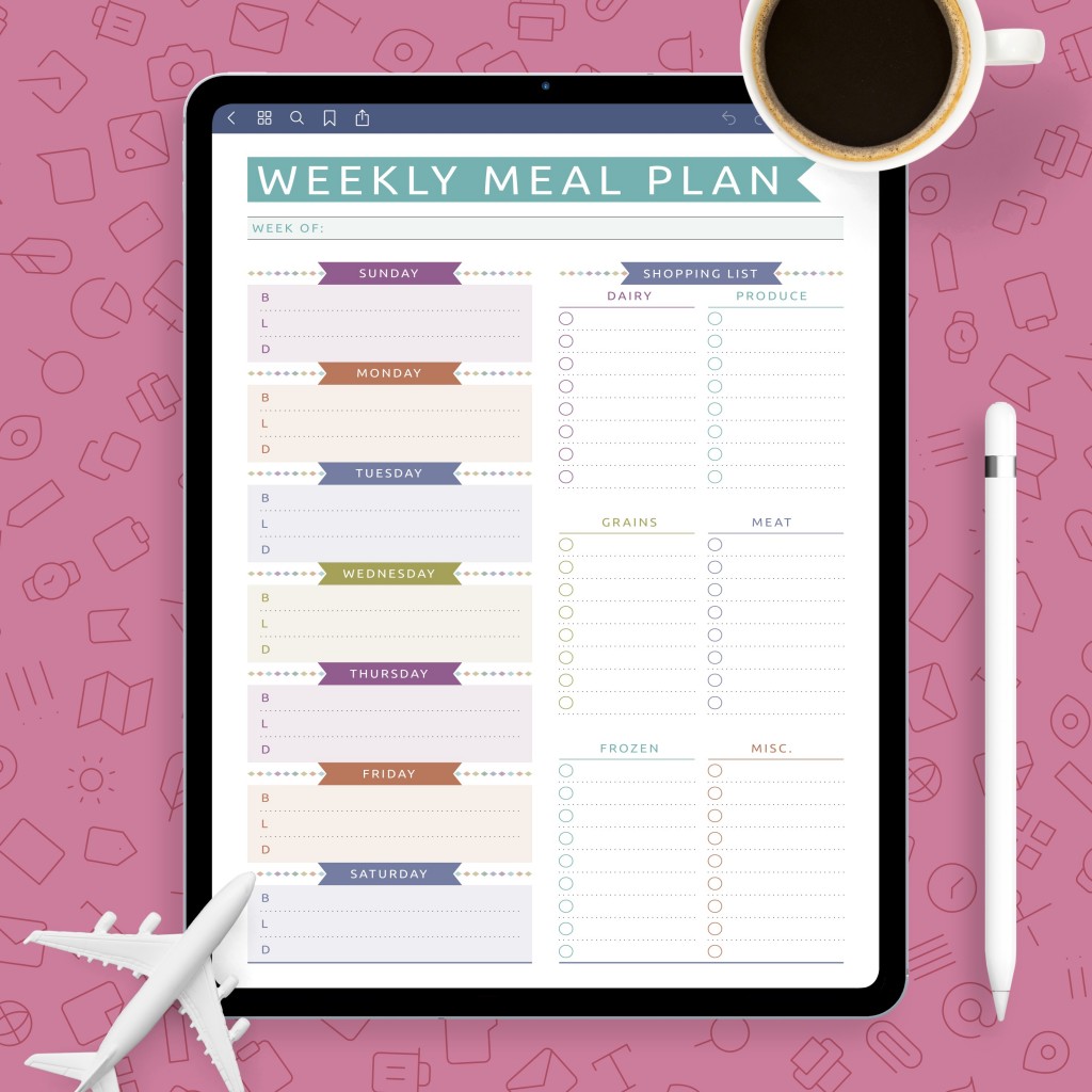 Weekly Menu Planner & Grocery List - Colored Template - Printable PDF