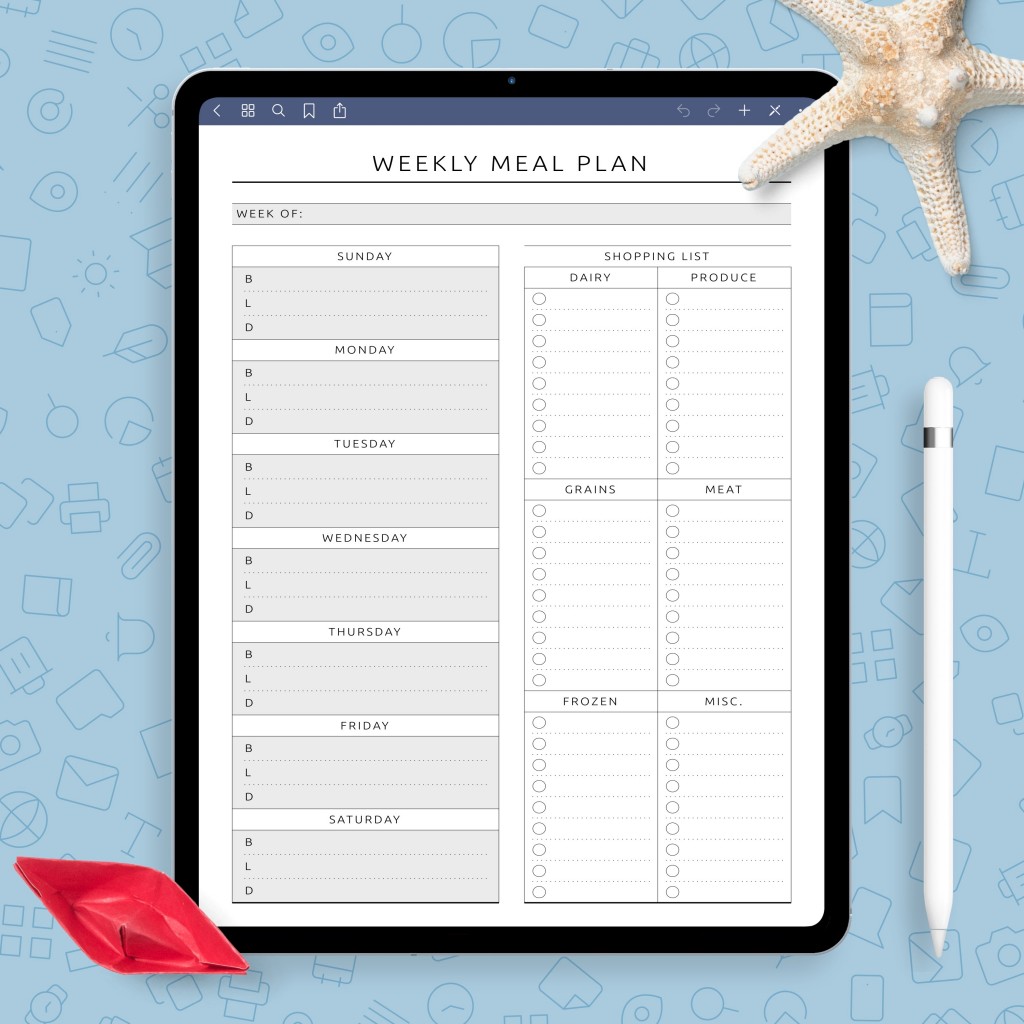 weekly menu planner grocery list formal template printable pdf