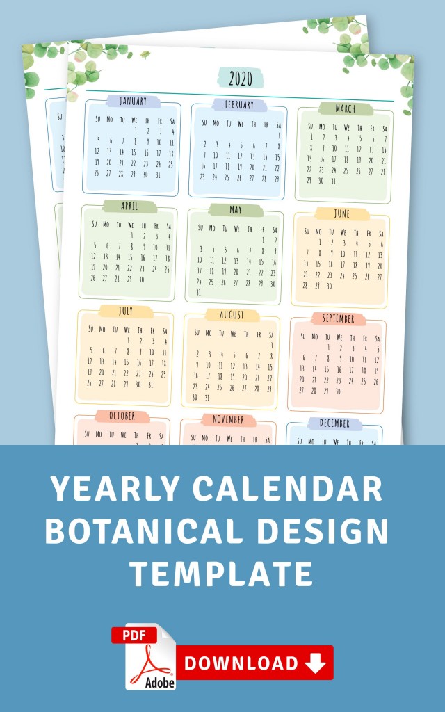 Yearly Calendar Botanical Design Template Printable PDF