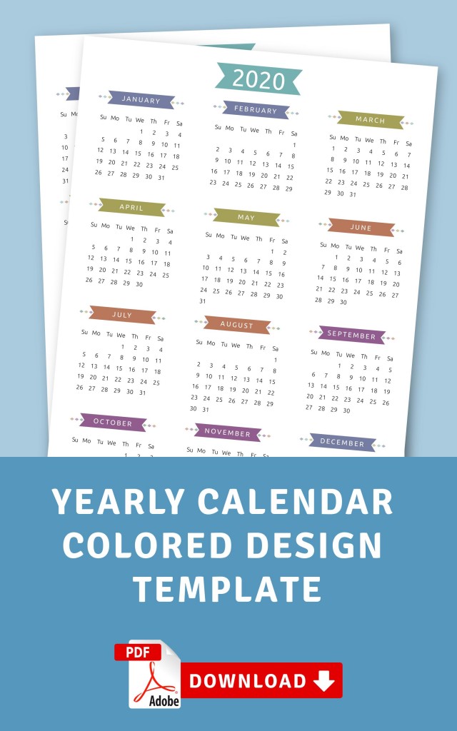 Yearly Calendar Colored Design Template - Printable PDF
